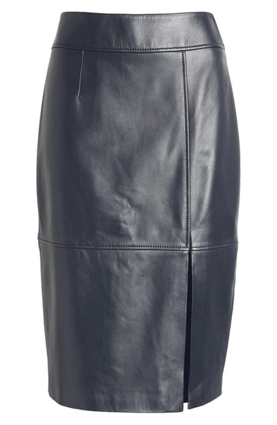 Shop Hugo Boss Setora Leather Pencil Skirt In Sky Captain