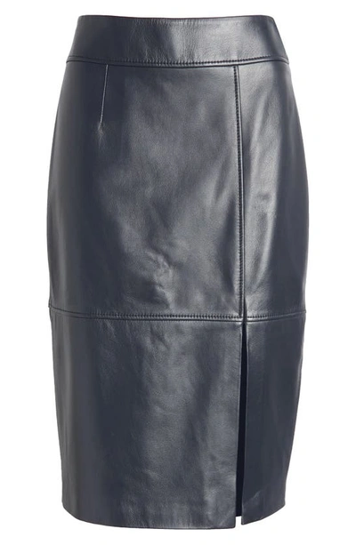 Hugo Boss Setora Leather Midi Skirt In Sky Captain