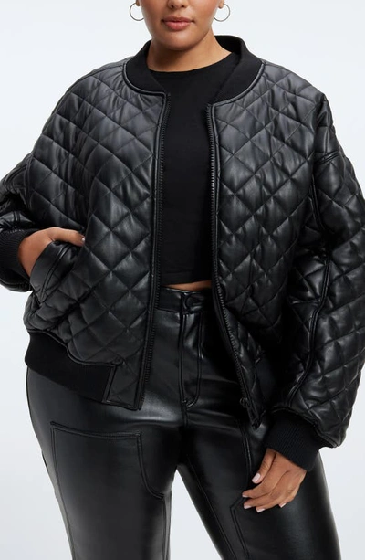 Shop Good American Better Than Leather Faux Leather Quilted Bomber Jacket In Black001