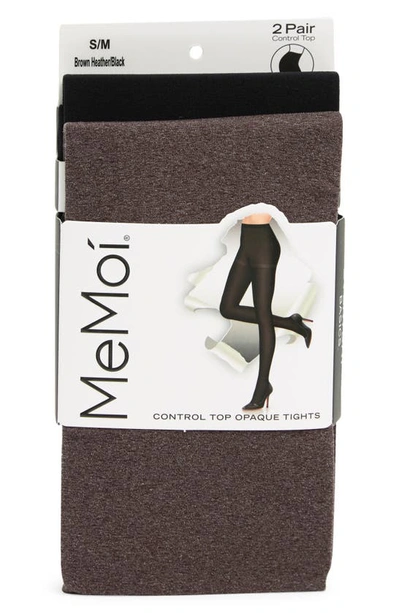 Shop Memoi Control Top Opaque 2-piece Tights Set In Brown Heather-black