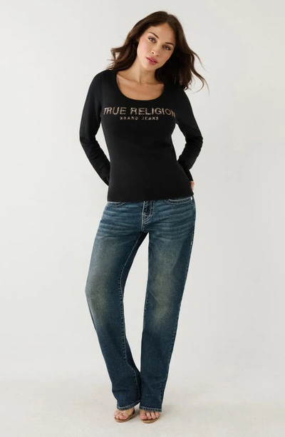 Shop True Religion Brand Jeans Rhinestone Logo Pullover Sweater In Jet Black
