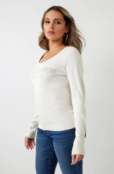 Shop True Religion Brand Jeans Rhinestone Logo Pullover Sweater In Winter White