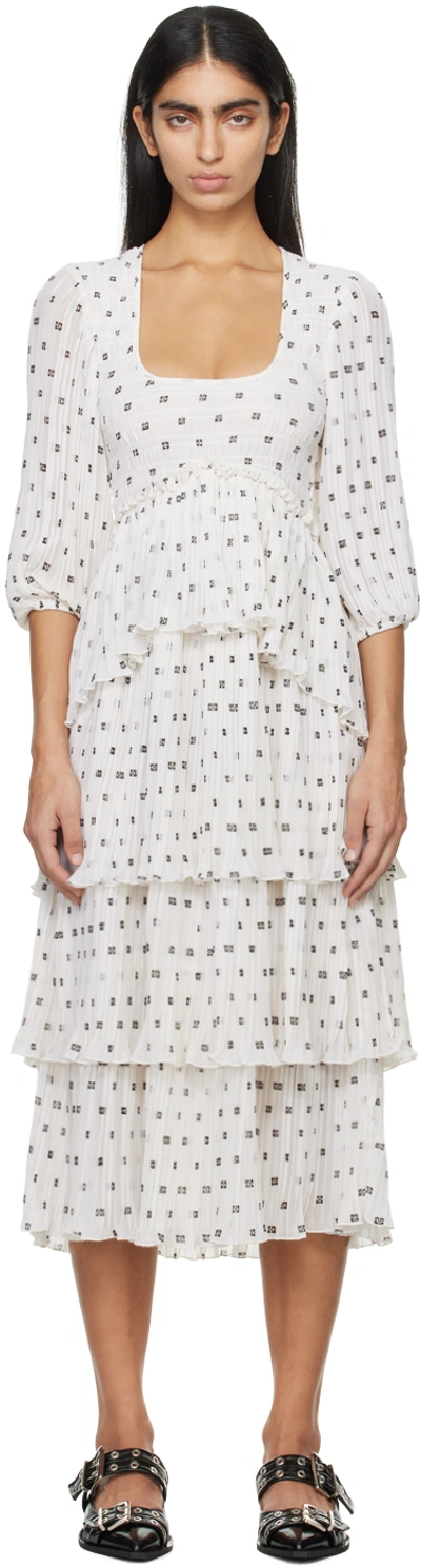 Ganni Monogram-print Pleated Midi Dress In 135 Egret