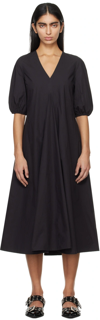 Shop Ganni Black V-neck Midi Dress In 099 Black