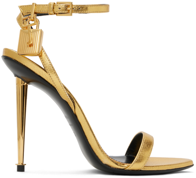 Shop Tom Ford Gold Padlock Pointy Naked Heeled Sandals In 1y004 Gold