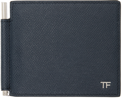 Shop Tom Ford Navy Small Grain Leather Money Clip Wallet In Midnight Blue