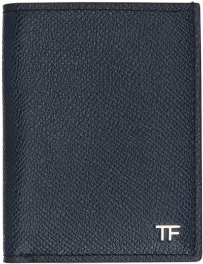 Shop Tom Ford Navy Small Grain Leather Folding Card Holder In Midnight Blue