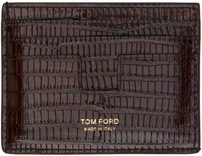 Shop Tom Ford Brown Croc-embossed Tf Card Holder In Chocolate Brown