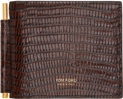 Shop Tom Ford Brown Printed Croc Money Clip Wallet In Chocolate Brown