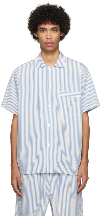 Shop Tekla Blue & White Short Sleeve Pyjama Shirt In Placid Blue Stripes