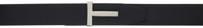 Shop Tom Ford Black Soft Grain Leather Ridge T Reversible Belt In Dark Navy + Black