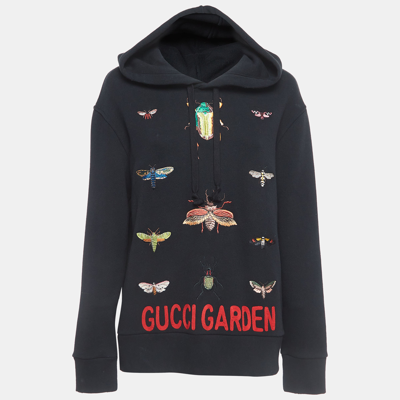 Pre-owned Gucci Black Garden Insects Embroidered Cotton Hoodie Xs