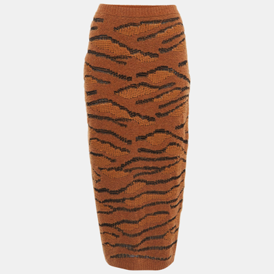 Pre-owned Stella Mccartney Brown Wool Tiger Intarsia Pencil Skirt M