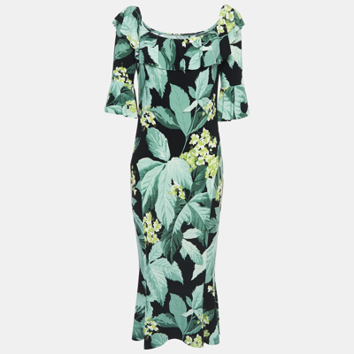 Pre-owned Norma Kamali Green Leaf Printed Jersey Off-shoulder Fishtail Dress L