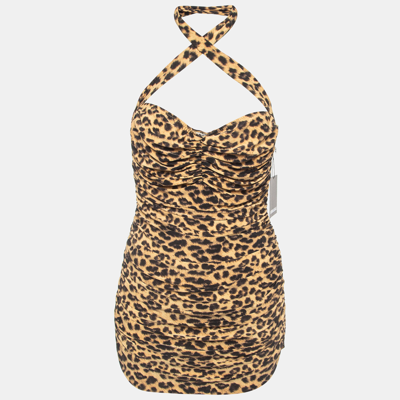 Pre-owned Norma Kamali Gold Leopard Print Jersey Bill Mio Swimsuit Xl