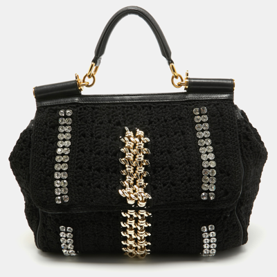 Pre-owned Dolce & Gabbana Black Crochet Fabric Large Crystal And Chain Miss Sicily Top Handle Bag