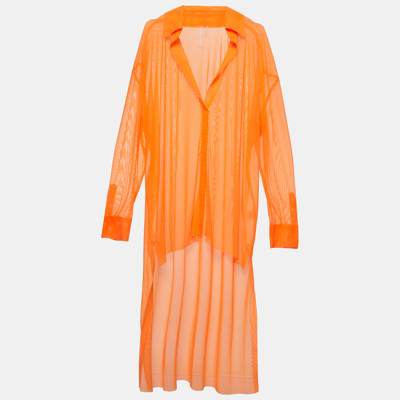 Pre-owned Norma Kamali Orange Mesh Hi Low Oversized Sheer Shirt M
