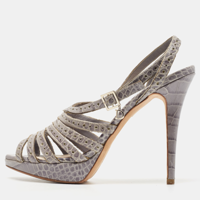 Pre-owned Dior Grey Embossed Croc Strappy Platform Sandals Size 40