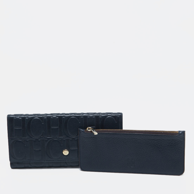 Pre-owned Ch Carolina Herrera Navy Blue Monogram Leather Flap Trifold Continental Wallet