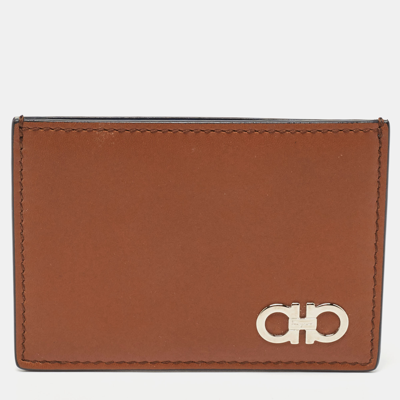Pre-owned Ferragamo Brown/blue Leather Gancini Card Holder