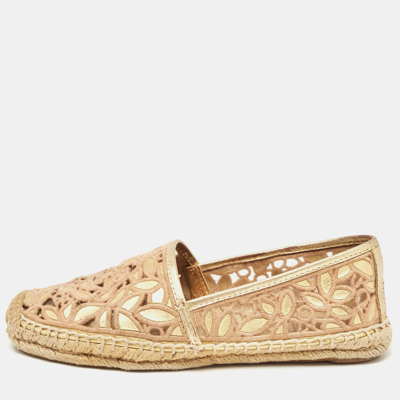 Pre-owned Tory Burch Beige/gold Lace And Leather Espadrille Flats Size 37