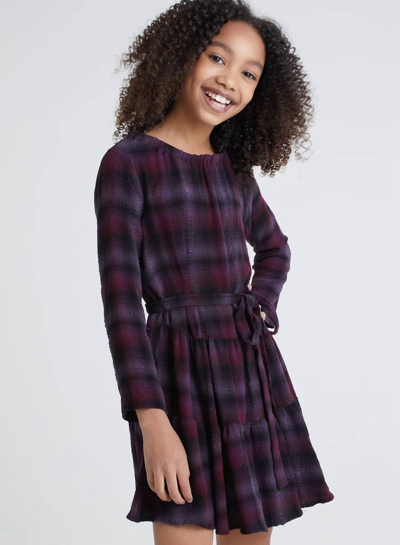 Shop Bella Dahl Girl's Plaid Long Sleeve Tiered Dress In Boysenberry In Pink