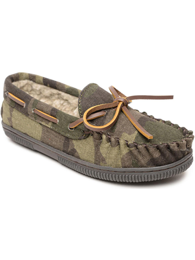 Shop Minnetonka Pile Lined Hardsole Boys Canvas Camo Moccasin Slippers In Grey