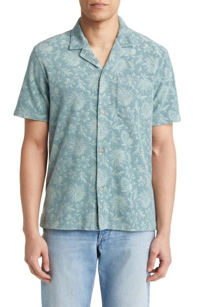 Shop Faherty Cabana Floral Short Sleeve Terry Cloth Button-up Shirt In Tonal Teal Blossom