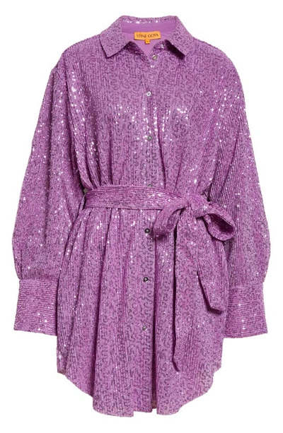 Shop Stine Goya Isolde Sequin Long Sleeve Shirtdress In Orchid
