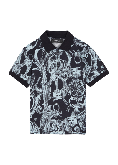 Shop Versace Kids Printed Piqué Cotton Polo Shirt (4-6 Years) In Navy