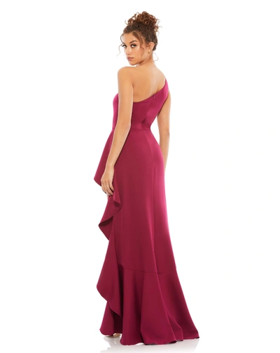 Mac Duggal One Shoulder High Slit Ruffle Gown In Berry