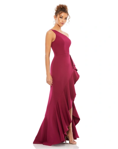 Mac Duggal One Shoulder High Slit Ruffle Gown In Berry