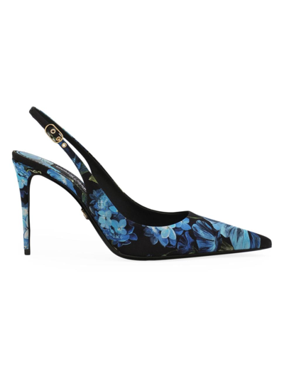 Shop Dolce & Gabbana Women's 90mm Floral Silk-blend Slingback Pumps In Black Blue