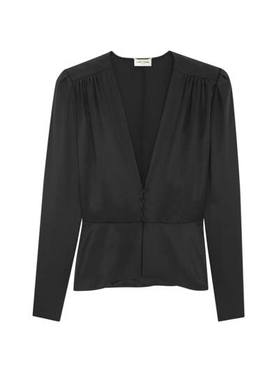 Shop Saint Laurent Women's Peplum Blouse In Silk Satin Crepe In Black