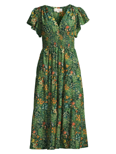 Shop Birds Of Paradis Women's Kendall Floral Cotton-silk Midi-dress In Evergreen Multi