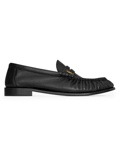 Shop Saint Laurent Men's Le Loafer Penny Slippers In Shiny Creased Leather In Black
