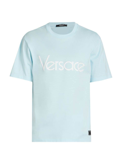 Shop Versace Men's Logo Crewneck T-shirt In Pale Blue