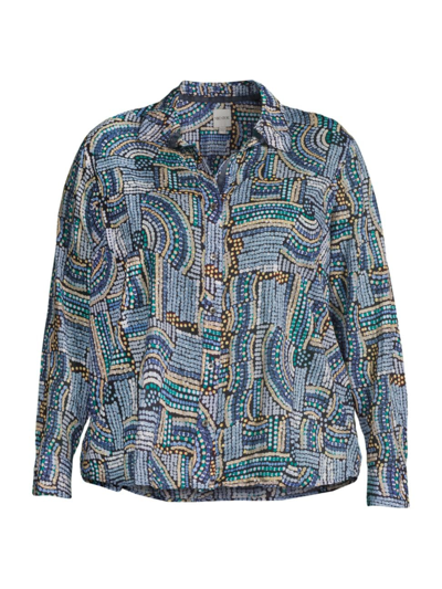 Shop Nic + Zoe, Plus Size Women's Mosaic-print Crinkled Shirt In Blue Multi