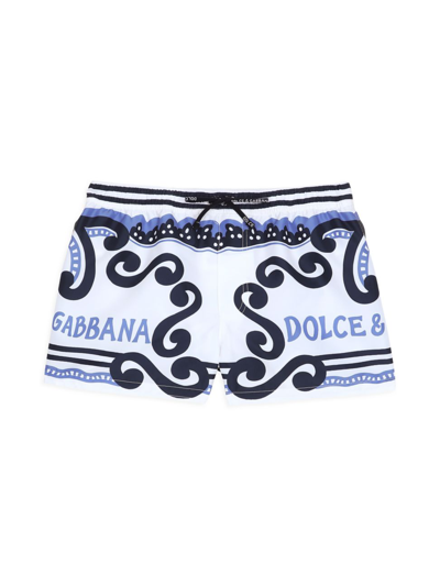 Shop Dolce & Gabbana Little Boy's & Boy's Marina Logo Swim Trunks In Blue Multi