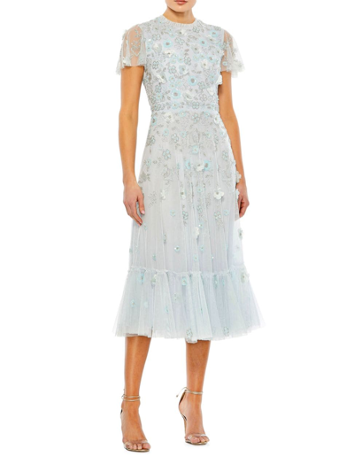 Shop Mac Duggal Women's Sequined Floral Tulle Midi-dress In Powder Blue