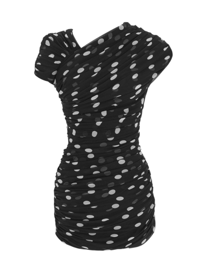 Shop Saint Laurent Women's Ruched Asymmetrical Dress In Dotted Silk Muslin In Noir Craie
