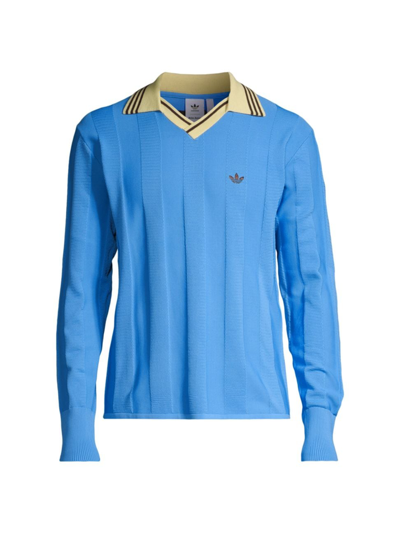 Shop Adidas Originals Men's Knit Long-sleeve Football T-shirt In Lucky Blue