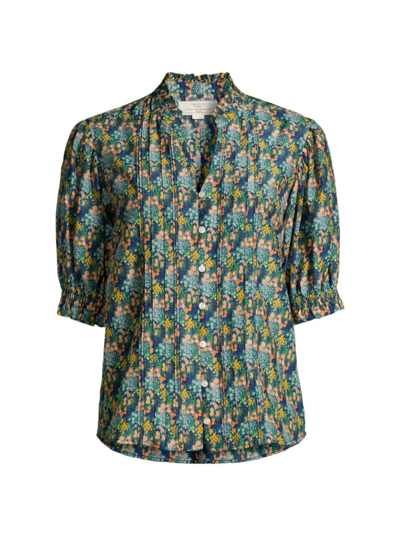 Shop Birds Of Paradis Women's Eliza Floral Cotton-silk Short-sleeve Shirt In Celestial Cluster