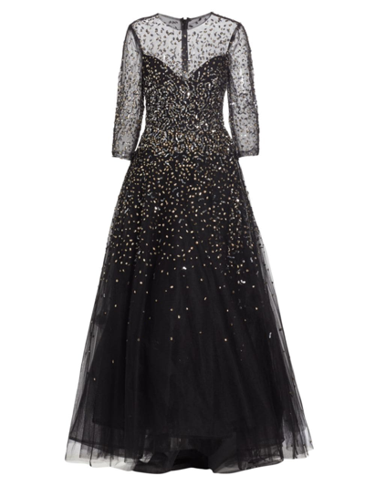 Shop Monique Lhuillier Women's Embellished Illusion A-line Gown In Noir Metallic