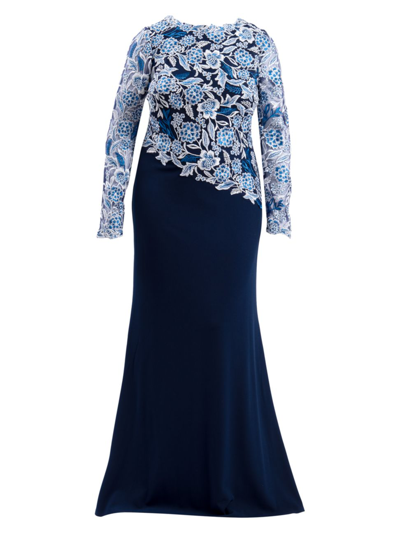 Shop Tadashi Shoji Women's Embroidered Lace & Crepe Asymmetric Gown In Pacific Blue