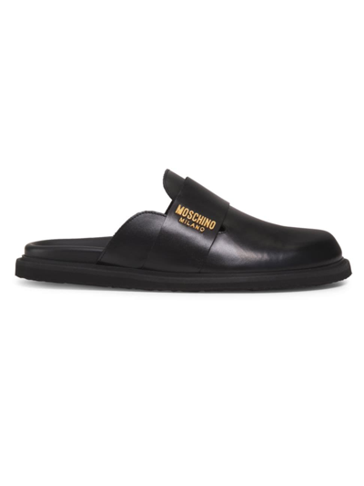 Shop Moschino Men's Logo-embellished Leather Mules In Black