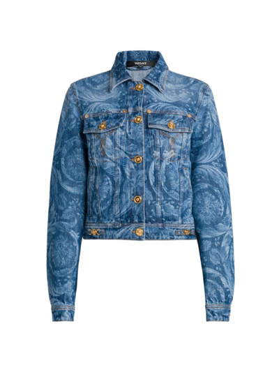 Shop Versace Women's Baroque Stone-washed Denim Jacket In Medium Blue