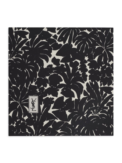 Shop Saint Laurent Women's Square Scarf In Leaves Print Silk Twill In Black And Ivory