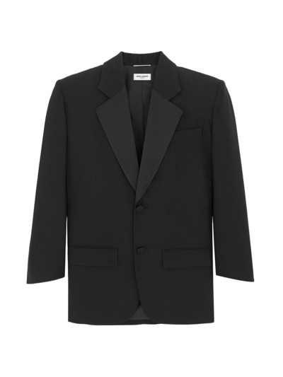 Shop Saint Laurent Men's Oversized Tuxedo Jacket In Raised-stripe Wool In Black