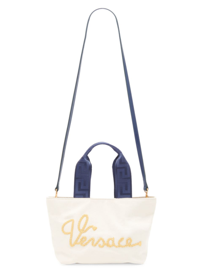 Shop Versace Girl's Rope Logo Embroidered Canvas Tote In Natural Navy